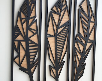 Geometric Leaf Wood Wall Art (Set of 3) - Macrame Wall Hanging - Boho Wood Art - Rectangle Wooden Wall Art - Modern Wood Art - Minimal