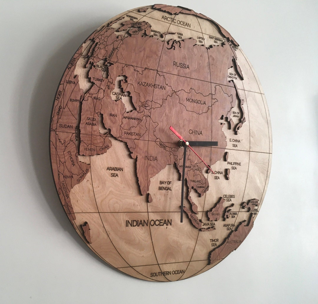 Wooden World Clock Eastern Hemisphere world Map With Countries, Oceans