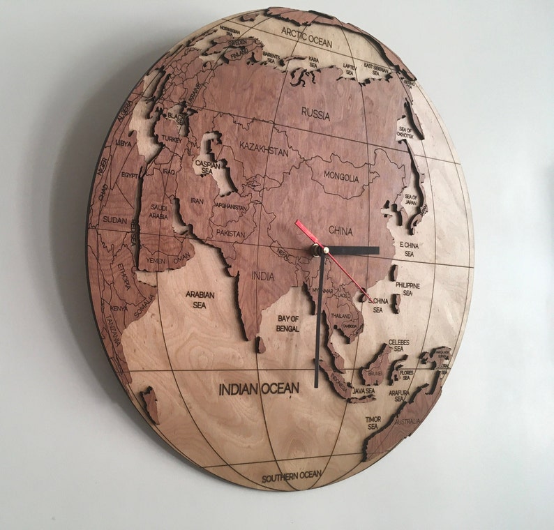Wooden World Clock Eastern Hemisphere world Map With Countries, Oceans