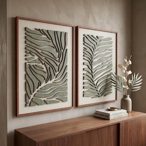 Green Botanical Wood Art - Set of Two Abstract Leaf Wall Decor - Modern Living Room Nature Art - Minimalist Modern Greenery Decor (Set of 2)