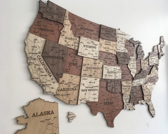 USA Travel Map, USA Wood Map, Wall Decor, 3D Map, USA Map, Home Decor, New Apartment Gift