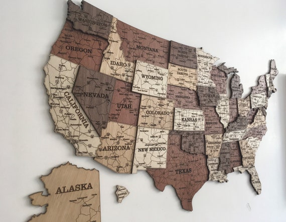 USA Travel Map, USA Wood Map, Wall Decor, 3D Map, USA Map, Home Decor, New Apartment Gift