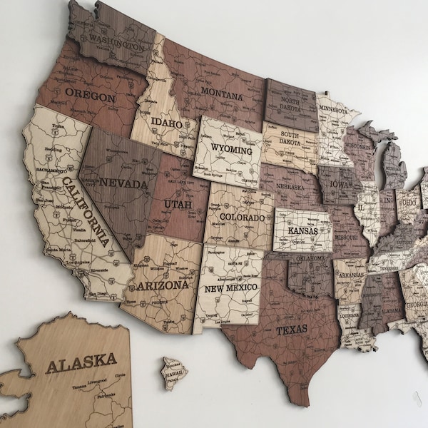 USA Travel Map, USA Wood Map, Wall Decor, 3D Map, USA Map, Home Decor, New Apartment Gift