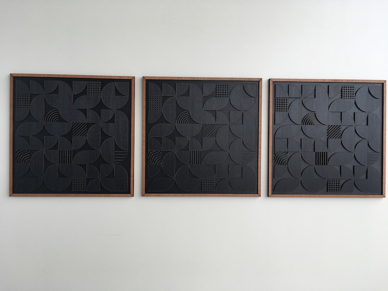 Geometric Abstract Wood Wall Art Modern Wood Art Minimal Charcoal Black