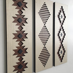 Aztec Geometric Wood Wall Art (Set of 3) - Macrame Wall Hanging - Boho Wood Art - Rectangle Wooden Wall Art - Modern Wood Art - Minimal