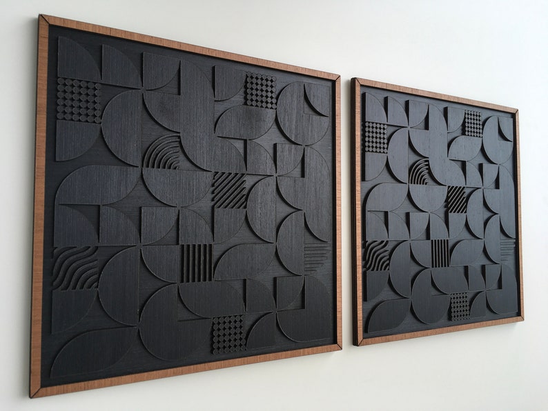 Geometric Abstract Wood Wall Art Modern Wood Art Minimal Charcoal Black