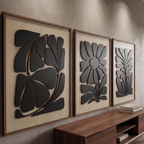 Tropical Leaf Wood Wall Art - Mid Century Modern wall art - Boho Room - Leafy Art - Minimal - Black and white Collection (Set of 3)