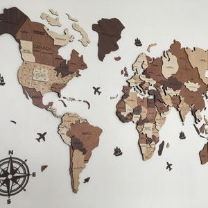 3D Wood World Map - Eco Extra large wall art abstract, wood burning art