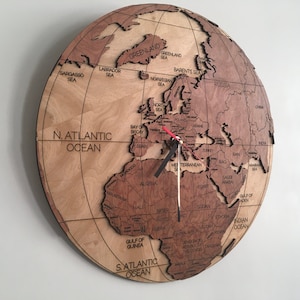 Wooden World Clock - Prime Meridian (World map with countries, ocean names, extra large wall art clock, wood burning art, africa, europe)