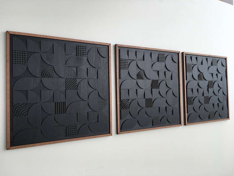 Geometric Abstract Wood Wall Art Modern Wood Art Minimal Charcoal Black