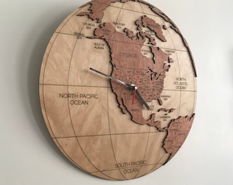 Wooden World Clock - Western Hemisphere (World map with countries, ocean names, extra large wall art clock, wood burning art, usa, canada)