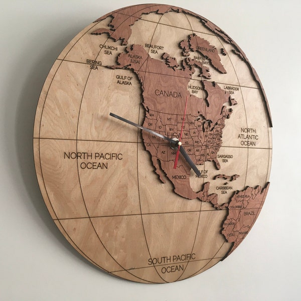 Wooden World Clock - Western Hemisphere (World map with countries, ocean names, extra large wall art clock, wood burning art, usa, canada)