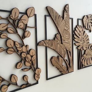 Multi Leaves Wood Wall Art - Tropical Leaf - Botanical Plant Wall Decor - Tree Art - Mid Century Modern art - Boho Room (Set of 4)