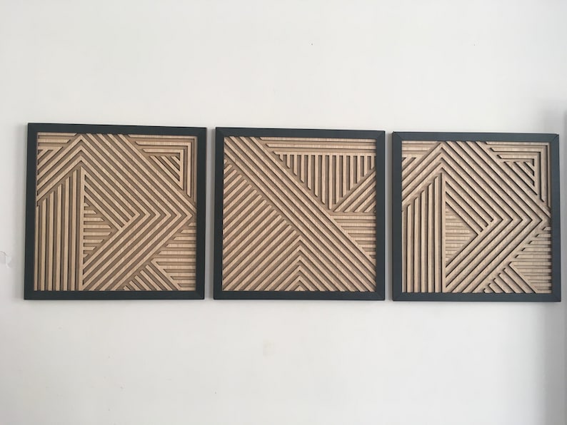 Geometric Wood Wall Art set of 3 Modern Wood Art Minimal Etsy