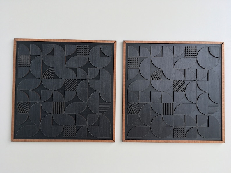 Geometric Abstract Wood Wall Art Modern Wood Art Minimal Charcoal Black