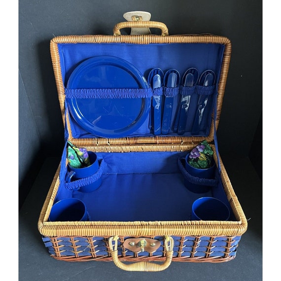 Vintage Wicker Picnic Basket Suitcase Blue Interior W… Gem