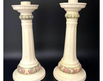 Pair 2 Vintage Weller Roma Pottery Candlesticks Holders Art Nouveau 11 in. READ