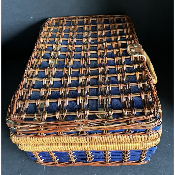 Vintage Wicker Picnic Basket Suitcase Blue Interior W… Gem