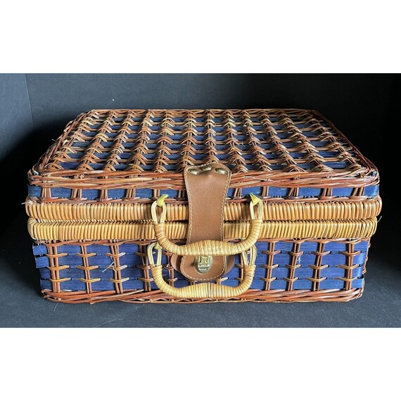 Vintage Wicker Picnic Basket Suitcase Blue Interior W… Gem