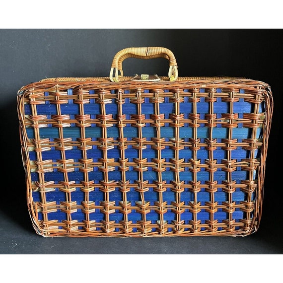 Vintage Wicker Picnic Basket Suitcase Blue Interior W… Gem