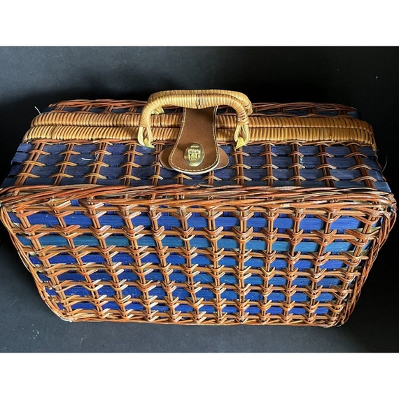 Vintage Wicker Picnic Basket Suitcase Blue Interior W… Gem
