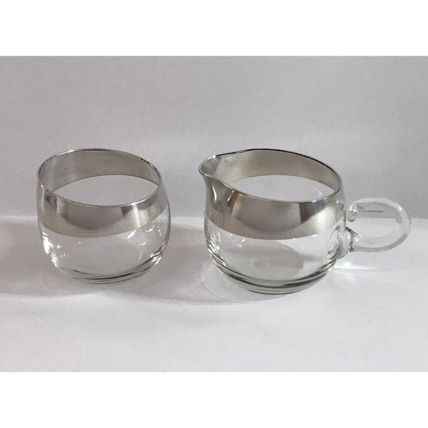 Vintage DOROTHY THORPE Glass Cream and Sugar Set Sterling Silver Wide Band MCM