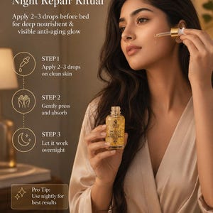 Puede incluir: Una mujer aplica s&eacute;rum de un frasco con tapa dorada etiquetado como "24K GOLD BLACK TRUFFLE ANTI-AGING SERUM." La imagen incluye texto: "Night Repair Ritual" y "Wake Up to Radiant Skin." El s&eacute;rum se aplica antes de acostarse para una nutrici&oacute;n profunda y un brillo antiedad visible.