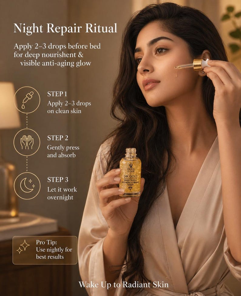 Puede incluir: Una mujer aplica s&eacute;rum de un frasco con tapa dorada etiquetado como "24K GOLD BLACK TRUFFLE ANTI-AGING SERUM." La imagen incluye texto: "Night Repair Ritual" y "Wake Up to Radiant Skin." El s&eacute;rum se aplica antes de acostarse para una nutrici&oacute;n profunda y un brillo antiedad visible.