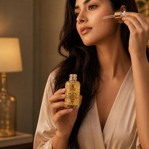 Puede incluir: Una mujer aplica un s&eacute;rum dorado de un peque&ntilde;o frasco de vidrio con un cuentagotas. El frasco est&aacute; etiquetado como "24K Gold Black Truffle Anti-Aging & Firming Serum". El s&eacute;rum est&aacute; en un frasco transparente con escamas doradas.