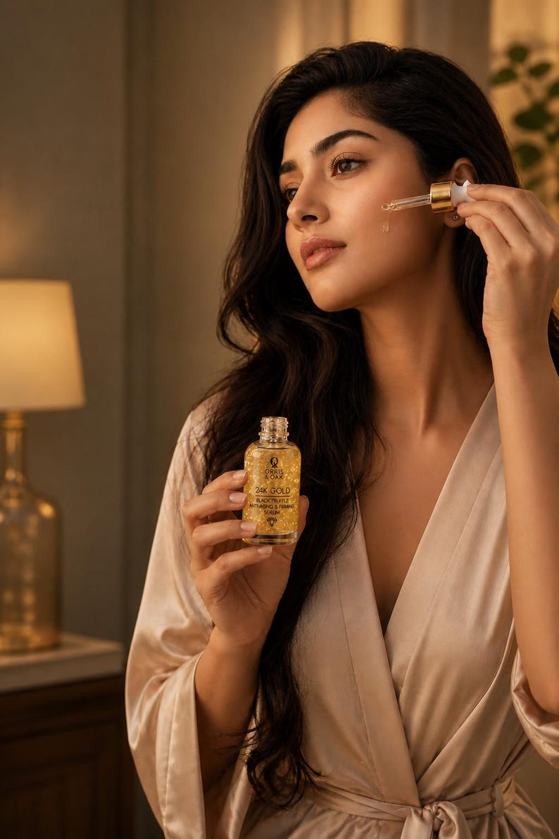 Puede incluir: Una mujer aplica un s&eacute;rum dorado de un peque&ntilde;o frasco de vidrio con un cuentagotas. El frasco est&aacute; etiquetado como "24K Gold Black Truffle Anti-Aging & Firming Serum". El s&eacute;rum est&aacute; en un frasco transparente con escamas doradas.