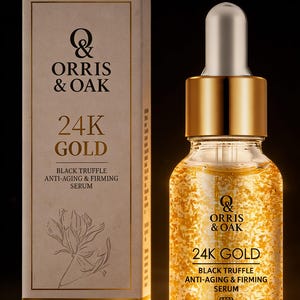Puede incluir: Un s&eacute;rum para el cuidado de la piel en un frasco de vidrio transparente con escamas doradas y una caja a juego. El producto est&aacute; etiquetado como "24K GOLD BLACK TRUFFLE ANTI-AGING & FIRMING SERUM". La caja beige muestra la marca "ORRIS & OAK".