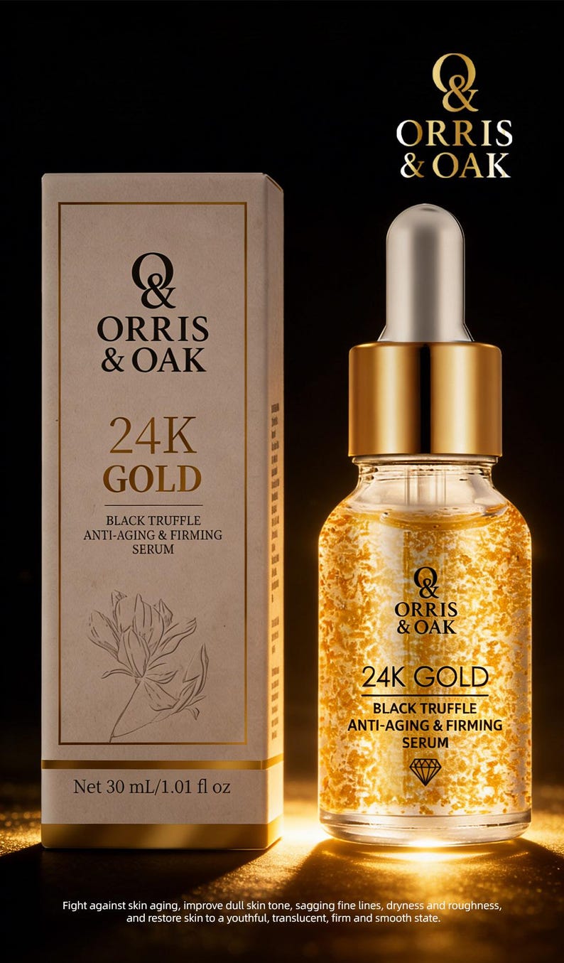 Puede incluir: Un s&eacute;rum para el cuidado de la piel en un frasco de vidrio transparente con escamas doradas y una caja a juego. El producto est&aacute; etiquetado como "24K GOLD BLACK TRUFFLE ANTI-AGING & FIRMING SERUM". La caja beige muestra la marca "ORRIS & OAK".