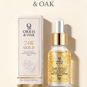 Puede incluir: Un conjunto de productos para el cuidado de la piel con un s&eacute;rum y una caja, ambos etiquetados "ORRIS & OAK 24K GOLD BLACK TRUFFLE ANTI-AGING & FIRMING SERUM". El frasco del s&eacute;rum contiene copos de oro. La caja indica "Neto 30 ml/1.01 fl oz."