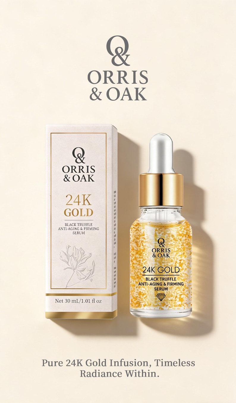 Puede incluir: Un conjunto de productos para el cuidado de la piel con un s&eacute;rum y una caja, ambos etiquetados "ORRIS & OAK 24K GOLD BLACK TRUFFLE ANTI-AGING & FIRMING SERUM". El frasco del s&eacute;rum contiene copos de oro. La caja indica "Neto 30 ml/1.01 fl oz."