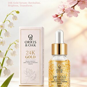Puede incluir: Una presentaci&oacute;n de un producto para el cuidado de la piel, un s&eacute;rum 24K Gold, con un frasco y una caja. El frasco del s&eacute;rum tiene un cuentagotas dorado y est&aacute; lleno de motas doradas. La caja y el frasco muestran el logotipo "ORRIS & OAK" y el texto "24K Gold Black Truffle Anti-Aging & Firming Serum".