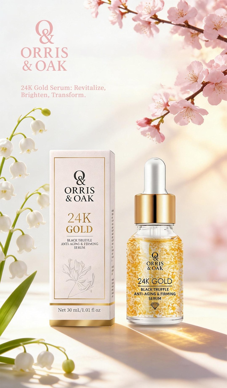 Puede incluir: Una presentaci&oacute;n de un producto para el cuidado de la piel, un s&eacute;rum 24K Gold, con un frasco y una caja. El frasco del s&eacute;rum tiene un cuentagotas dorado y est&aacute; lleno de motas doradas. La caja y el frasco muestran el logotipo "ORRIS & OAK" y el texto "24K Gold Black Truffle Anti-Aging & Firming Serum".