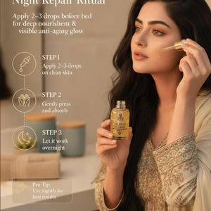 Puede incluir: Una mujer aplica un producto para el cuidado de la piel de un peque&ntilde;o frasco de vidrio. El frasco est&aacute; etiquetado como "24K GOLD". La imagen incluye el texto "Night Repair Ritual" e instrucciones de uso, promoviendo beneficios antienvejecimiento.