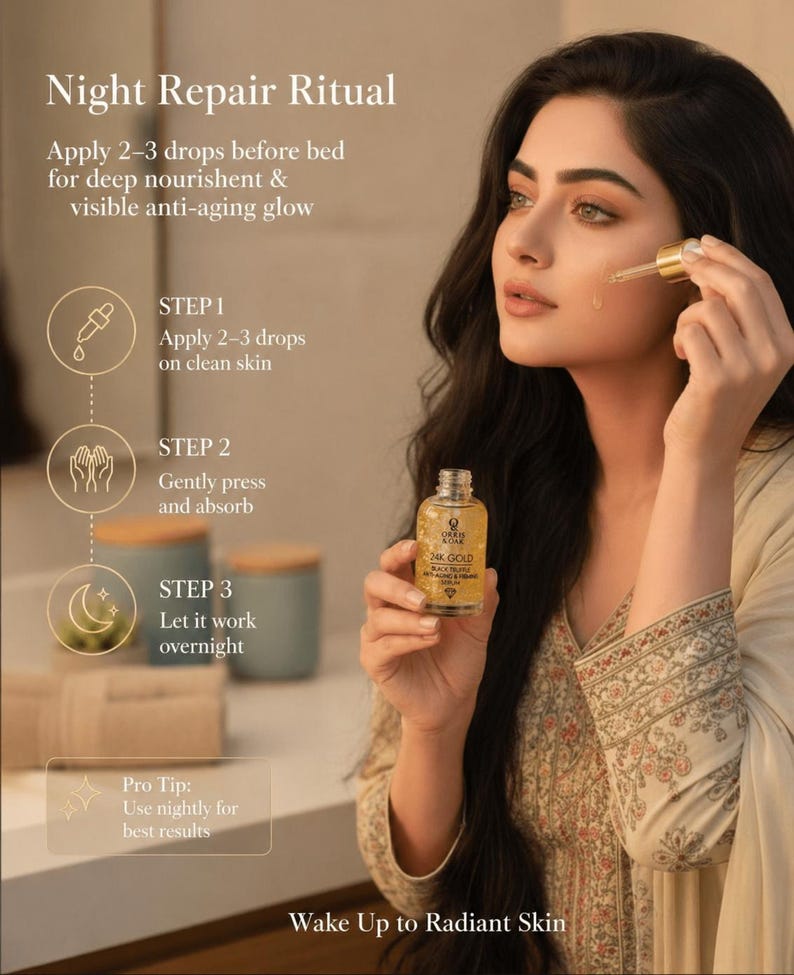 Puede incluir: Una mujer aplica un producto para el cuidado de la piel de un peque&ntilde;o frasco de vidrio. El frasco est&aacute; etiquetado como "24K GOLD". La imagen incluye el texto "Night Repair Ritual" e instrucciones de uso, promoviendo beneficios antienvejecimiento.
