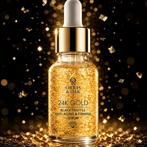 Puede incluir: Una botella de vidrio transparente de suero anti-edad y reafirmante Orris & Oak 24K Gold Black Truffle. El suero est&aacute; lleno de copos de oro y tiene un cuentagotas dorado. La botella est&aacute; sobre un fondo negro con confeti dorado.