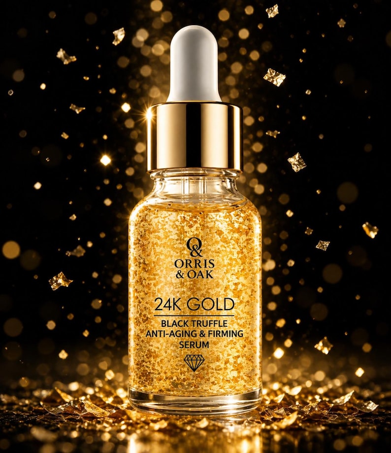 Puede incluir: Una botella de vidrio transparente de suero anti-edad y reafirmante Orris & Oak 24K Gold Black Truffle. El suero est&aacute; lleno de copos de oro y tiene un cuentagotas dorado. La botella est&aacute; sobre un fondo negro con confeti dorado.