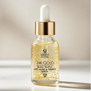 Puede incluir: Una botella de vidrio transparente de suero anti-edad y reafirmante Orris & Oak 24K Gold Black Truffle. La botella tiene una tapa y un cuentagotas dorados y est&aacute; llena de un l&iacute;quido dorado que contiene copos de oro. La etiqueta presenta el nombre de la marca y los detalles del producto.