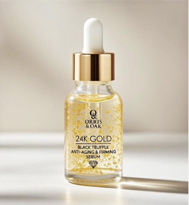 Puede incluir: Una botella de vidrio transparente de suero anti-edad y reafirmante Orris & Oak 24K Gold Black Truffle. La botella tiene una tapa y un cuentagotas dorados y est&aacute; llena de un l&iacute;quido dorado que contiene copos de oro. La etiqueta presenta el nombre de la marca y los detalles del producto.