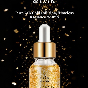 Puede incluir: Un frasco de suero de vidrio transparente con un cuentagotas dorado y escamas de oro suspendidas en su interior. El frasco tiene una tapa dorada y una parte superior blanca. La etiqueta dice "ORRIS & OAK 24K GOLD BLACK TRUFFLE ANTI-AGING & FIRMING SERUM".