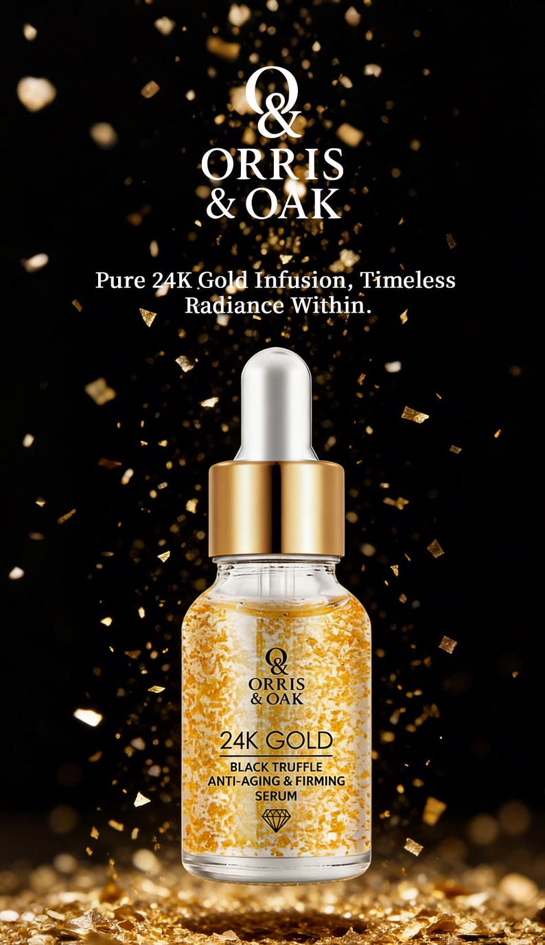 Puede incluir: Un frasco de suero de vidrio transparente con un cuentagotas dorado y escamas de oro suspendidas en su interior. El frasco tiene una tapa dorada y una parte superior blanca. La etiqueta dice "ORRIS & OAK 24K GOLD BLACK TRUFFLE ANTI-AGING & FIRMING SERUM".