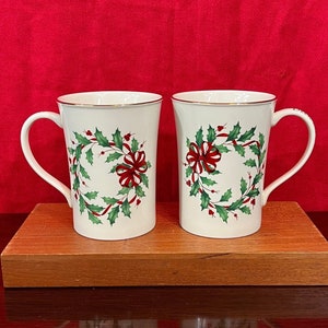 Set of Lenox "Deck the Halls"  American By Design "Holiday" Mugs -  12 Oz  - Gilded Porcelain with Holly Wreaths and Red Ribbons