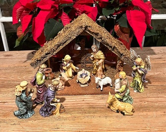 Vintage 12 Piece Nativity Set by Holly Tree - 11 Figurines and a Wood Creche - Religious Christmas Decor