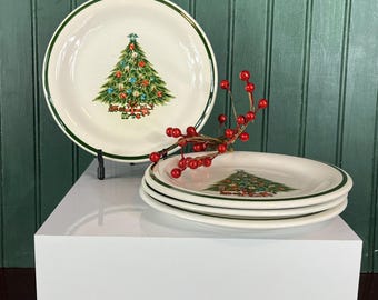 Set van 4 vintage kerstboom salade/dessertborden – 7 1/4" steengoed – enkele groene band