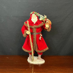 Vintage Old World Santa Claus Figurine with Sack of Toys on Snowy Base  - Red Velvet Outfit with Brown Boots and Faux Fur Trim - 16&quot;