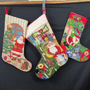 Beautiful Santa Themed Handcrafted Needlepoint Christmas Stockings - Choice of Three Wool Needlepoint Stockings with Red Backing
