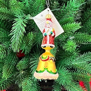 Christopher Radko &quot;Ring Ring&quot;  Blown Glass Ornament - Santa on Golden Bell - Original Hang Tag